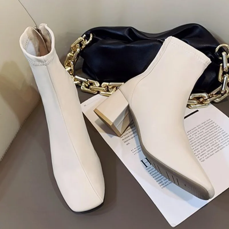 

Женские ботильоны на высоком каблуке 5 см, кожаные короткие ботинки на высоком каблуке, ковбойские ботинки челси, новинка зимы 2023