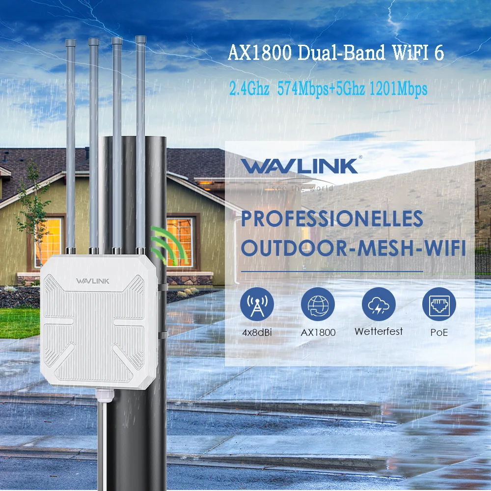 WAVLINK AERIAL HD6 WiFi 6 AX1800 Dual-Band 2.4GHhz 5GHz Long Range Outdoor Router Wireless AP with PoE and IP67 Waterproof