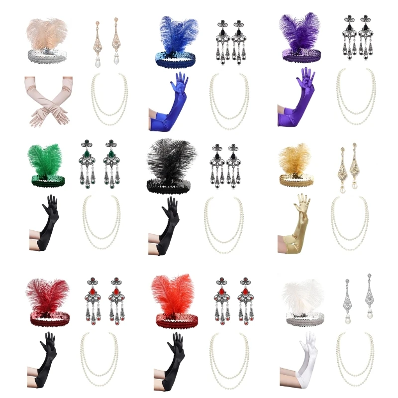 

Девушка 1920-х годов повязка на голову с перьями в стиле панк, серьги для выпускного вечера, жемчужное ожерелье и комплект