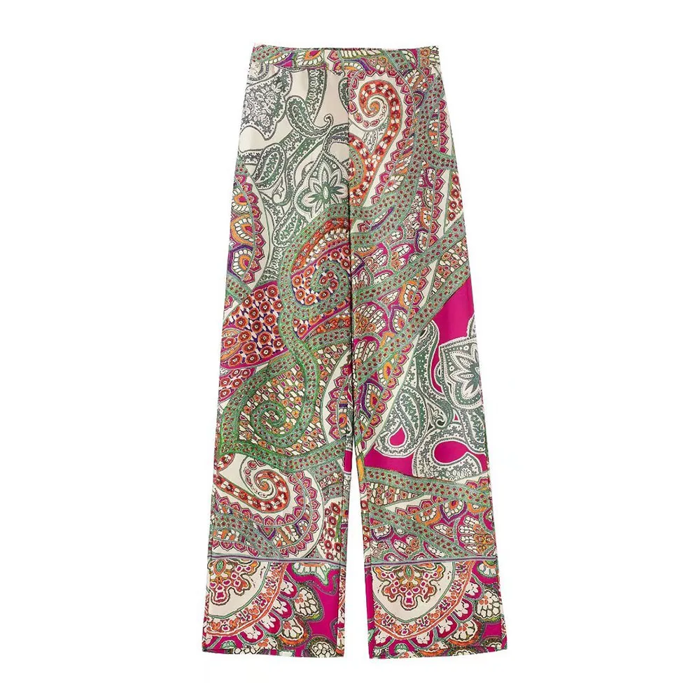 

Women 2022 Summer New Fashion Chic Loose Printed Trousers Retro Side Pockets Elastic High Waist Female Straight Pants Mujer