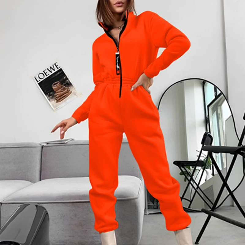 

Women O-neck Zipper High Waisted Slim Romper Casual Solid Long Sleeved Sportwear Jumpsuit 2022 Autumn Brushed Straight Playsuit