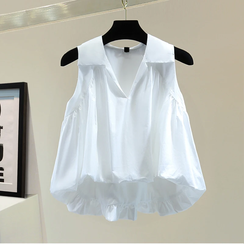 

Korean Style POLO Neck Short Sleeve Folds Shirt Summer New Off Shoulder Loose Office Lady Blouse Fashion White Tops Blusas 27875