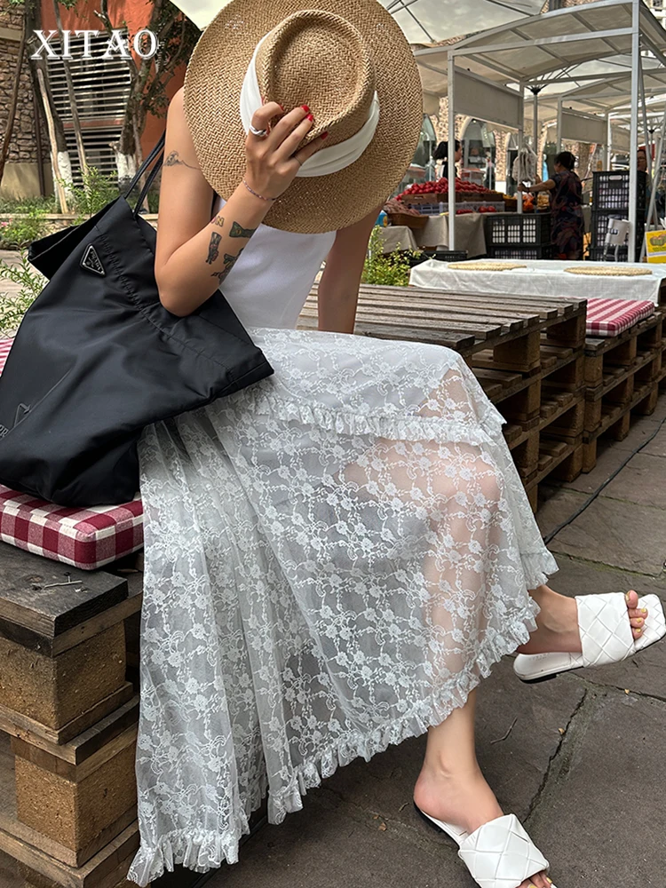 

XITAO Irregular Lace Skirt Loose Fashion Solid Color Vintage Flower Perspective Skirt 2023 Summer New All-match Women DMJ1672