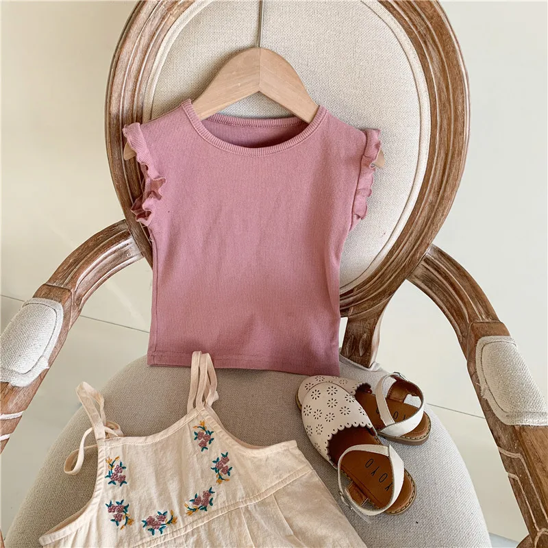 

New Summer Blouse Toddler Girls Flying Sleeve Shirt Children Elasticity Tshirt Cotton Kid T-shirts Solid Baby Tops Child Tees