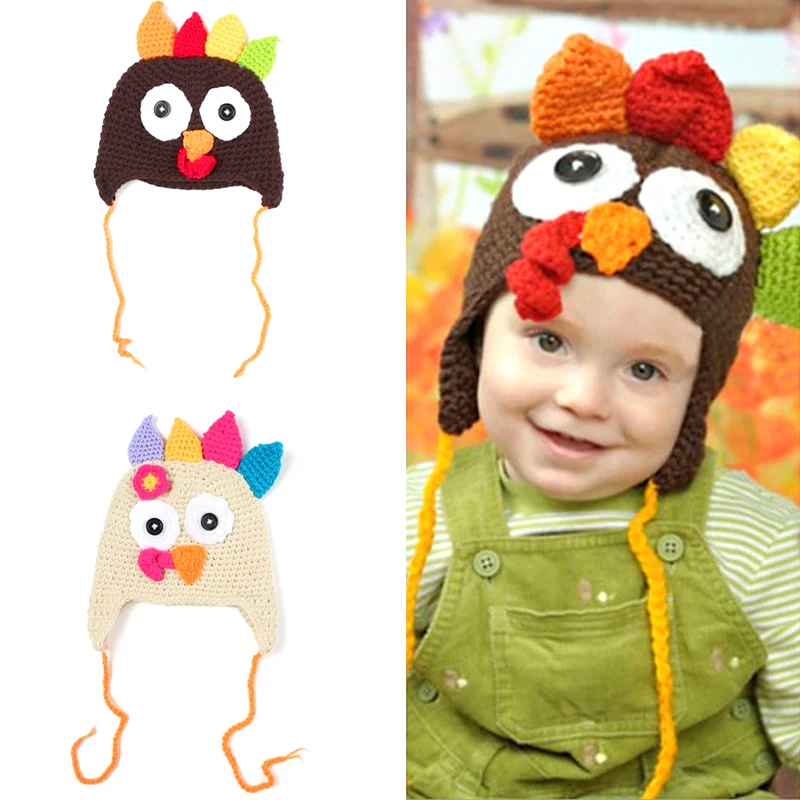 

Baby Thanksgiving Turkey Hat Handmade Woven Children Hats Winter Crochet Knitted Cap Cosplay Party Newborn Photo Shoot Prop Gift