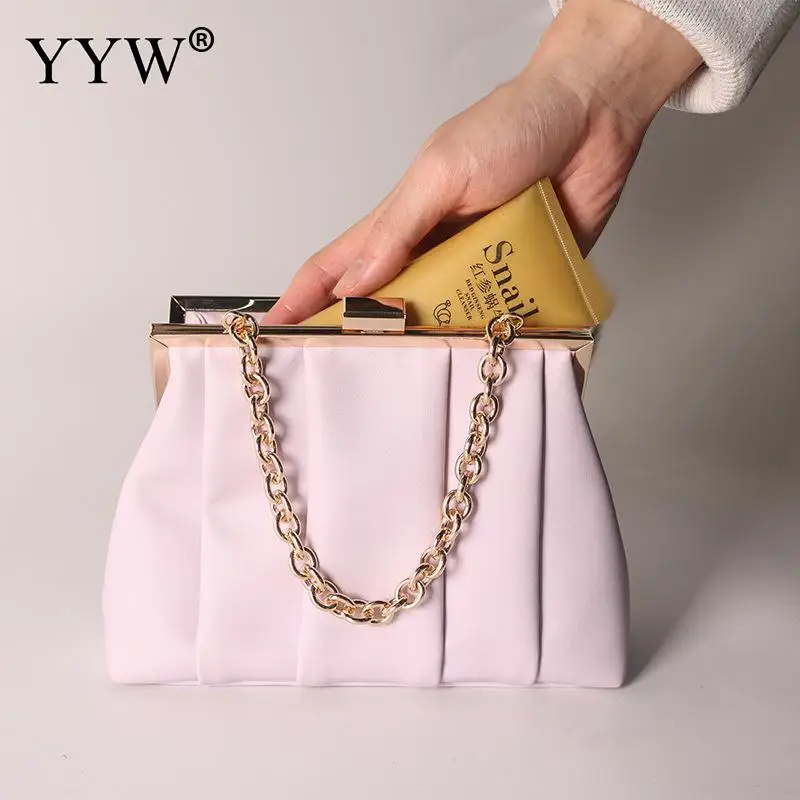 Fashion Solid Color Soft PU Leather Women Handbag Metal Chain Top Handle Bag Casual Large Capacity Lady Exquisite Clutch Tote