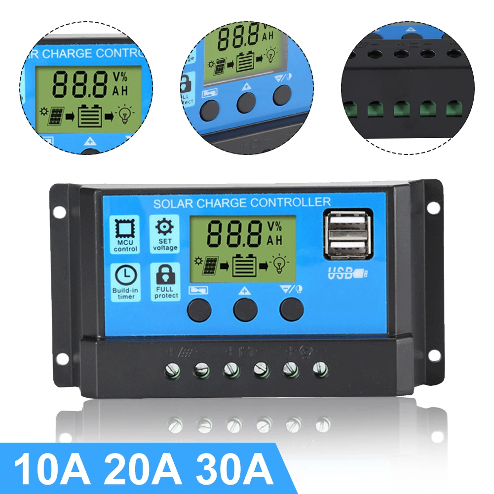 

30/20/10A Solar Charge Controller With LCD Screen 12/24V Solar Panel Charger Controller Adjustable Parameter Dual USB 5V Output