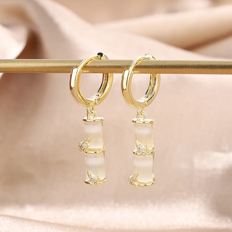 

Bamboo Charm Hoop Pendant Earrings For Women Vintage Trendy Statement Gold Crystal Opal Earings Jewelry Brincos Pendientes Mujer