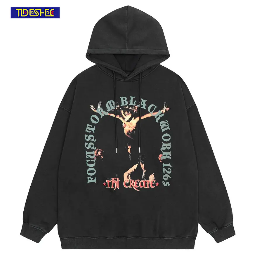 

Свитшот в американском винтажном стиле, мужской зимний хлопковый пуловер с капюшоном и принтом в стиле ретро Харадзюку, цвет черный