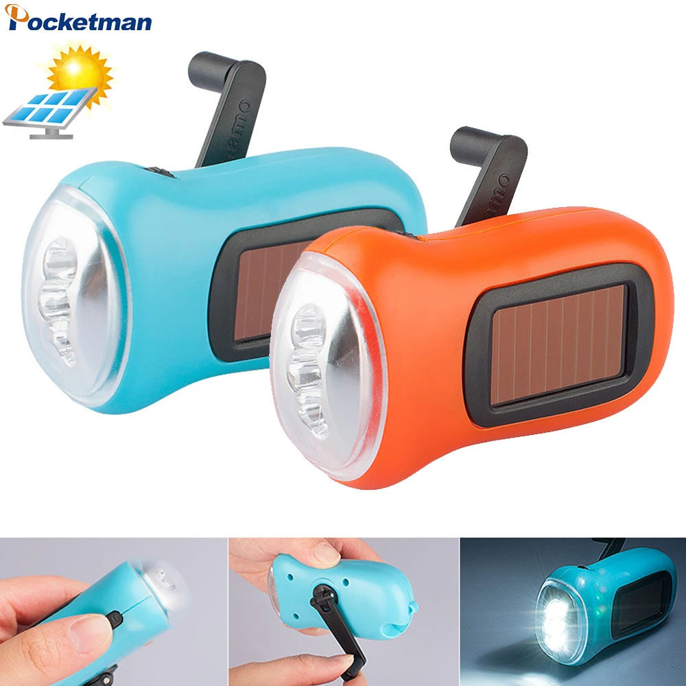 

LED Flashlight Hand Crank Solar Powered Rechargeable Survival Gear Self Powered Charging Torch Dynamo for Fishing Boating Hiking