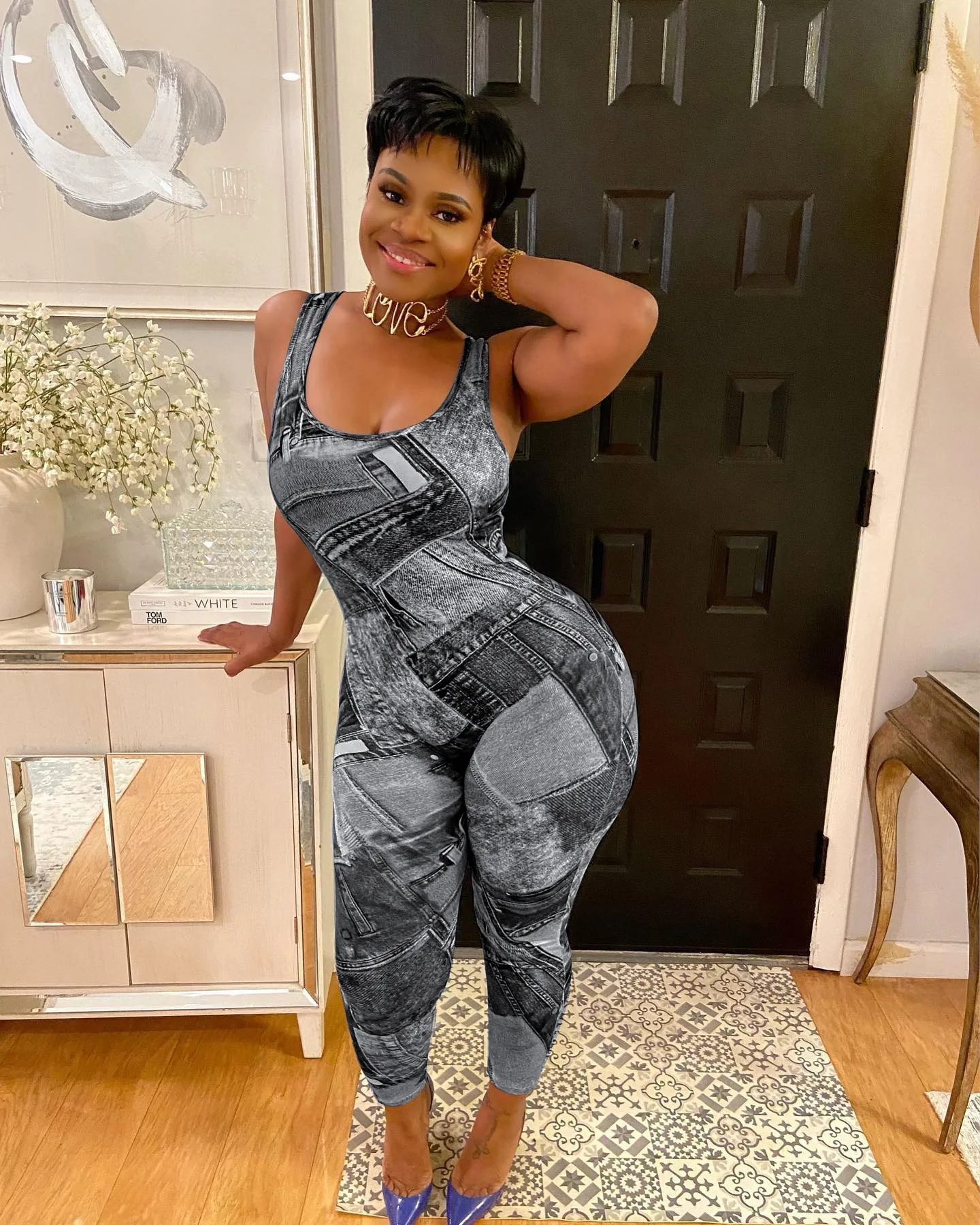 

Женский джинсовый комбинезон с принтом, повседневный Облегающий комбинезон без рукавов, клубный слитный комбинезон в уличном стиле, модель Y2K на лето, 2023