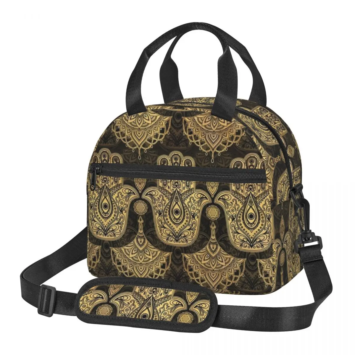 

Hamsa Hand Lunch Bag Gold Hand of Fatima Aesthetic Lunch Box Outdoor Picnic Portable Thermal Tote Handbags Print Cooler Bag