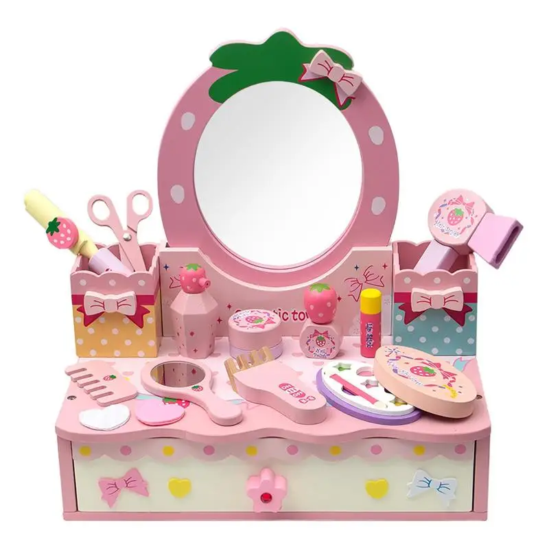 

14 PCS Smooth Wooden Makeup Toy Set Kids Playset Hairdressing Toys Kit Play House Pretend Play Set Girls Makeup Toys