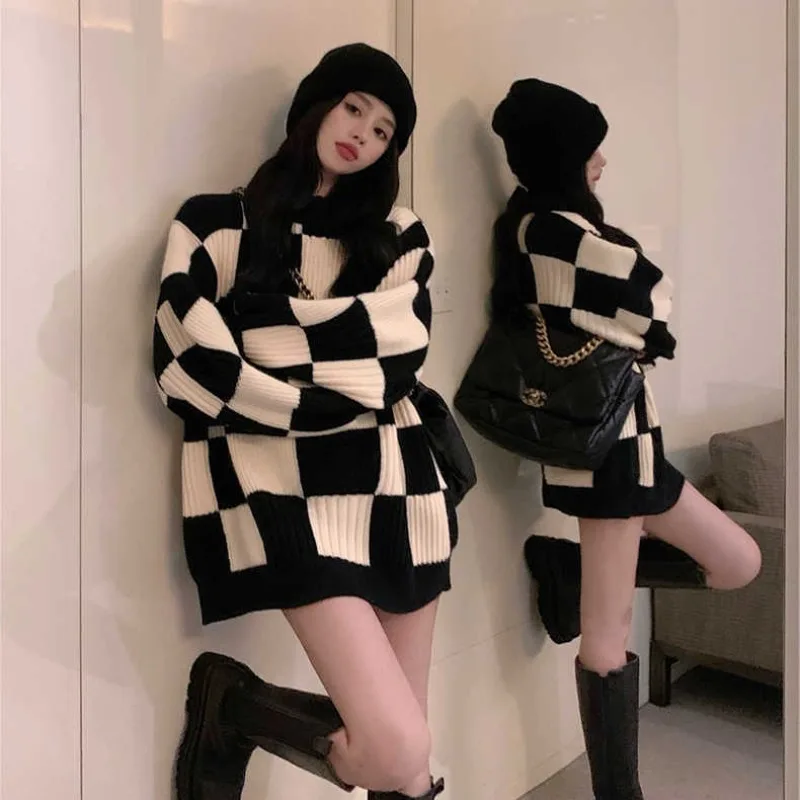 

Loose Plaid Pullover Korean Women's Sweaters Jumpers Autumn/Winter 2023 Clothing Long Sleeve Knitwear Cardigans