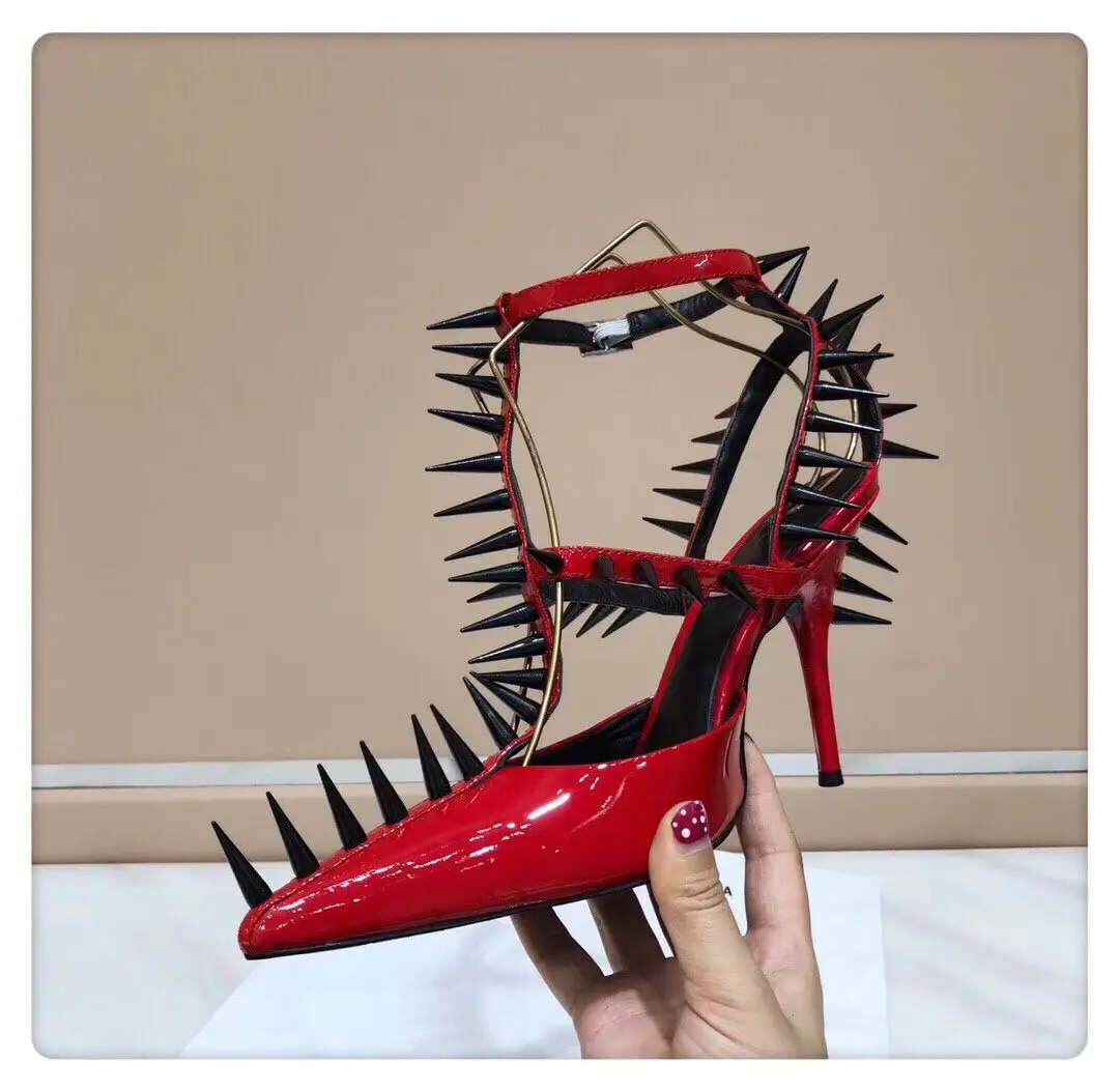 

Women's Sandals with Full Spikes and Rivets Punk Style Patent Leather Buckles Narrow Band Hollow Catwalk Design Girls Cool Shoes