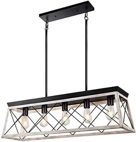 

Farmhouse Kitchen Island Light, 5-Light White Island Lighting Distressed White Wood Finish Rustic Dining Room Hanging Light Chan