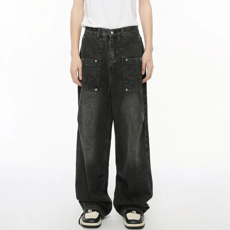 Мужские джинсовые брюки в стиле High Street повседневные прямые широкие с карманами