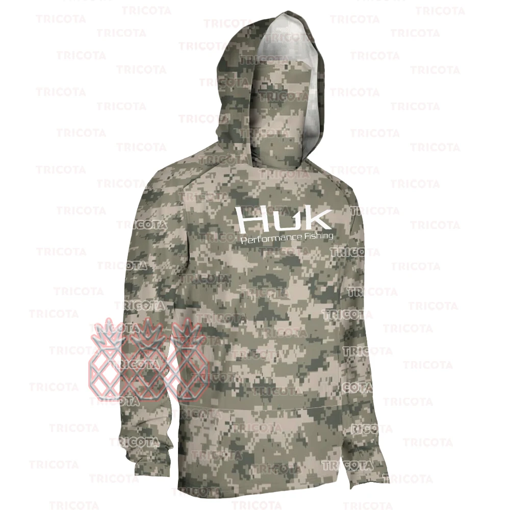 

HUK Fishing Shirts Camouflage Hoodie Summer Men's Long Sleeve Hooded Fishing Clothing Anti-UV Mask Fishing T-Shirt UPF 50+ Tops