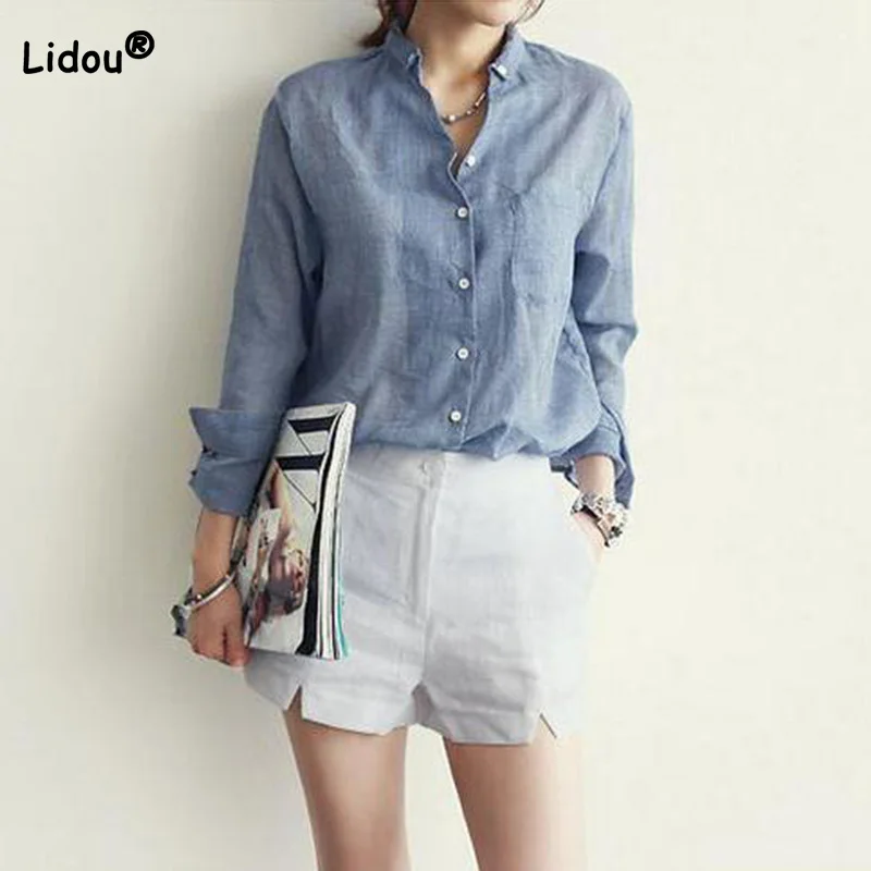 

Office Lady Polo-Neck Button Solid Color Retro Fashion Splicing Pockets Cotton Linen Long Sleeve All-match Spring Women's Shirt