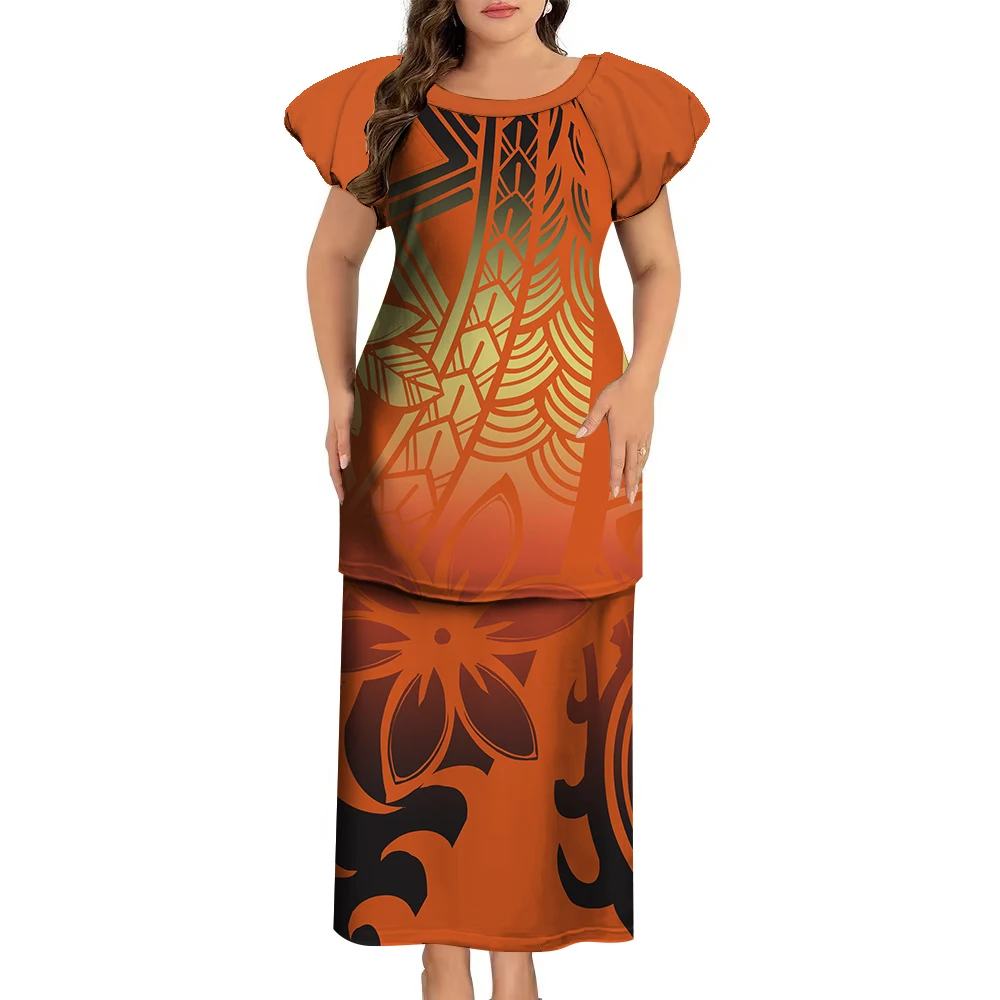 Женское длинное платье с рукавами-фонариками и круглым вырезом