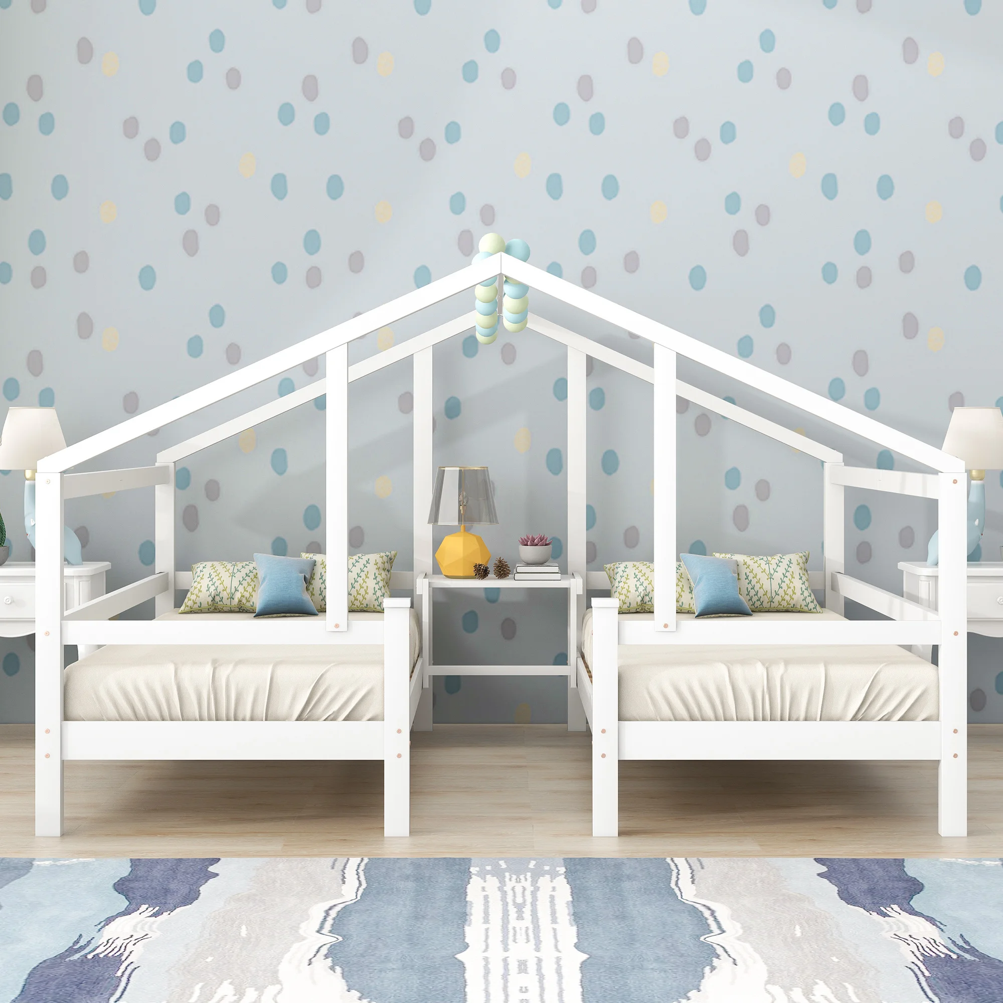 Cute Twin Bed 200*90cm House Bed for 2 Children Two Single Beds Under One Roof Solid Wood Kids Beds with Fall Protection Frame