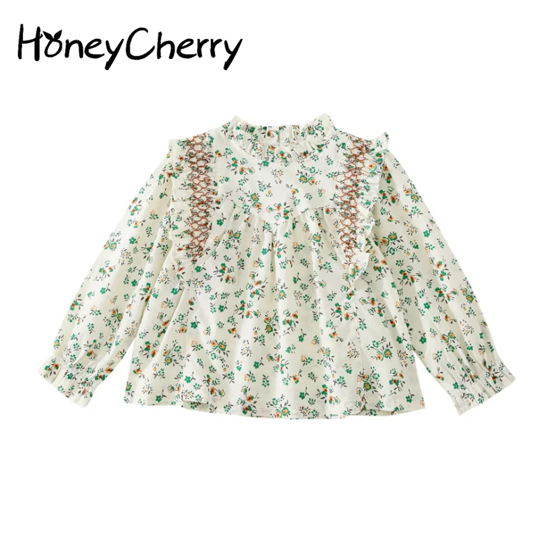 

HoneyCherry Girls' floral stand-up collar long-sleeved shirt spring girl's cotton-trimmed shirt girls blouse