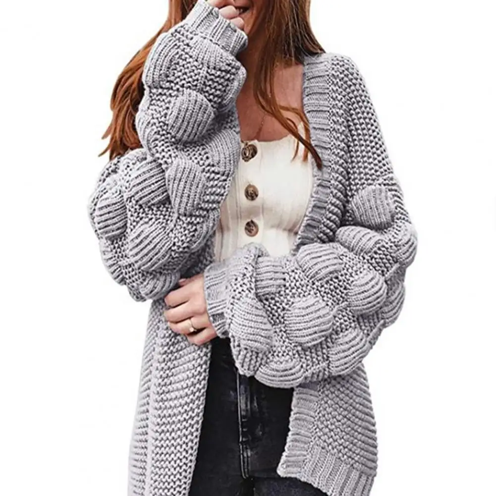 

Cardigan Sweater Coat Women Autumn Lantern Long Sleeves Ribbed Cuffs Open Front Casual Solid Color Mid-Length Knit Cardigan