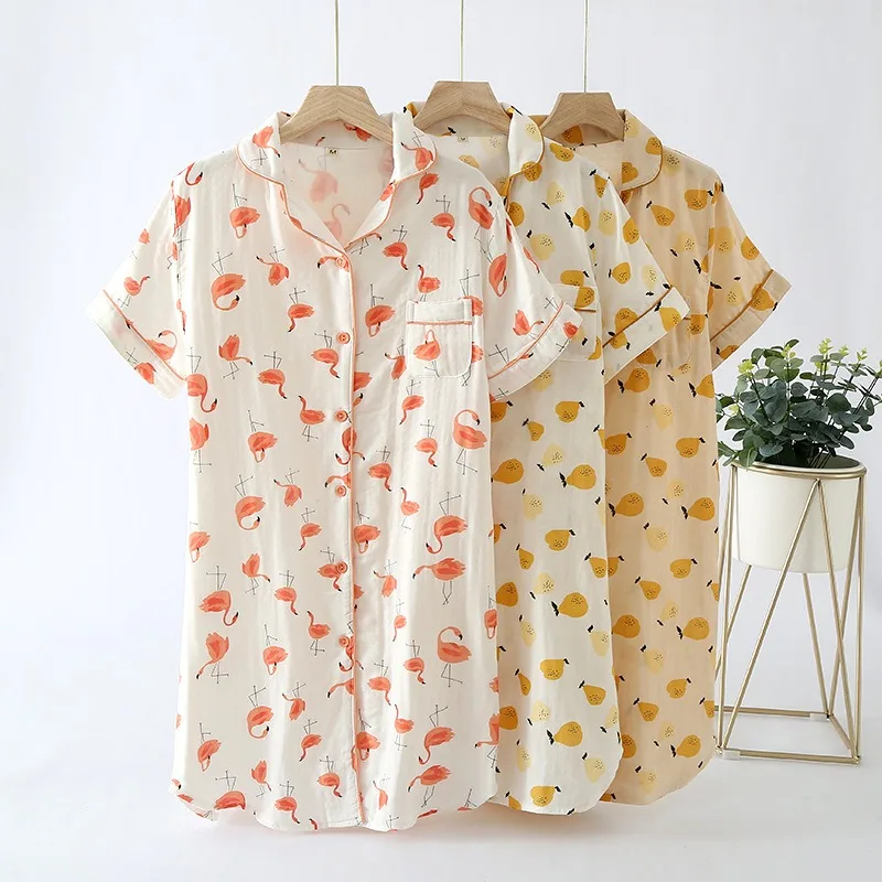 

Women's Cotton Gauze Simple Summer Thin Section Breathable Short-Sleeved Mid-Length Nightdress Home Service Nightgown Pajamas