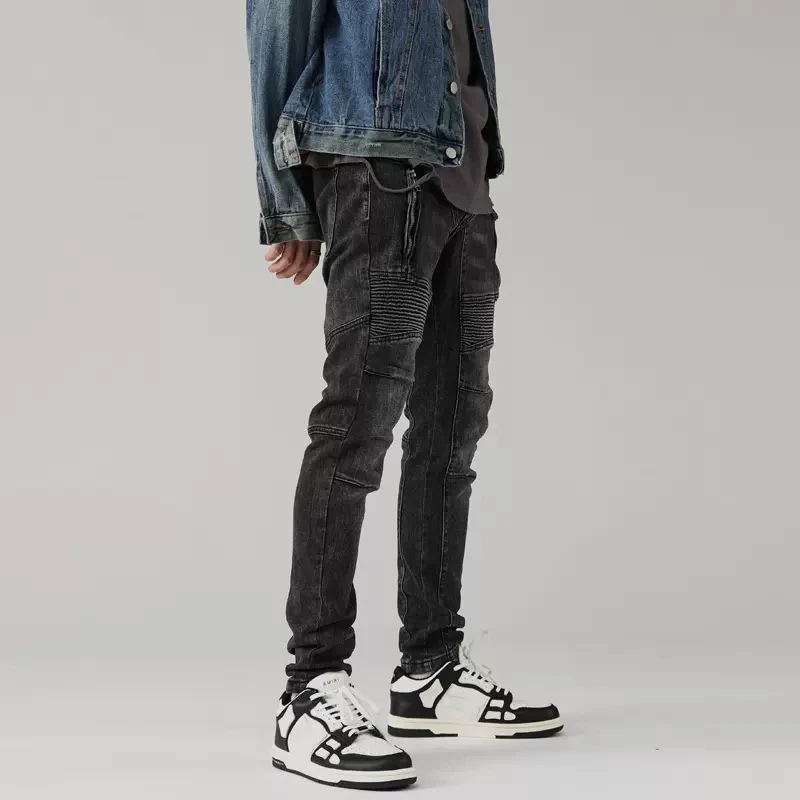 Street Fashion Men Jeans Retro Black Gray Elastic Slim Fit Spliced Biker Jeans Men Zipper Patch Designer Hip Hop Pants Hombre