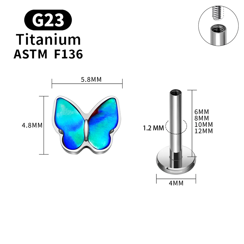 Фото Титановый серьга-бабочка ASTM F136, 16G, с плоской задней частью, для пирсинга уха (хлопушка, конч, трагус, хеликс), для женщин и девушек №5