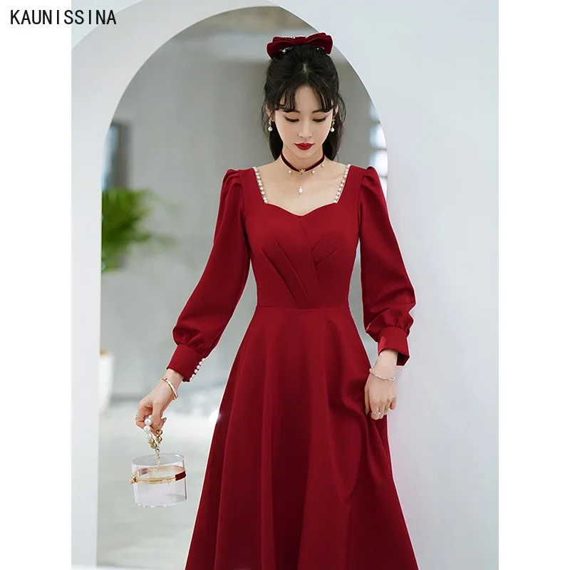 

KAUNISSINA Homecoming Dresses Square Collar Long Sleeves Cocktail Party Gowns Vestidos De Fiesta Tea-Length Formal Dress