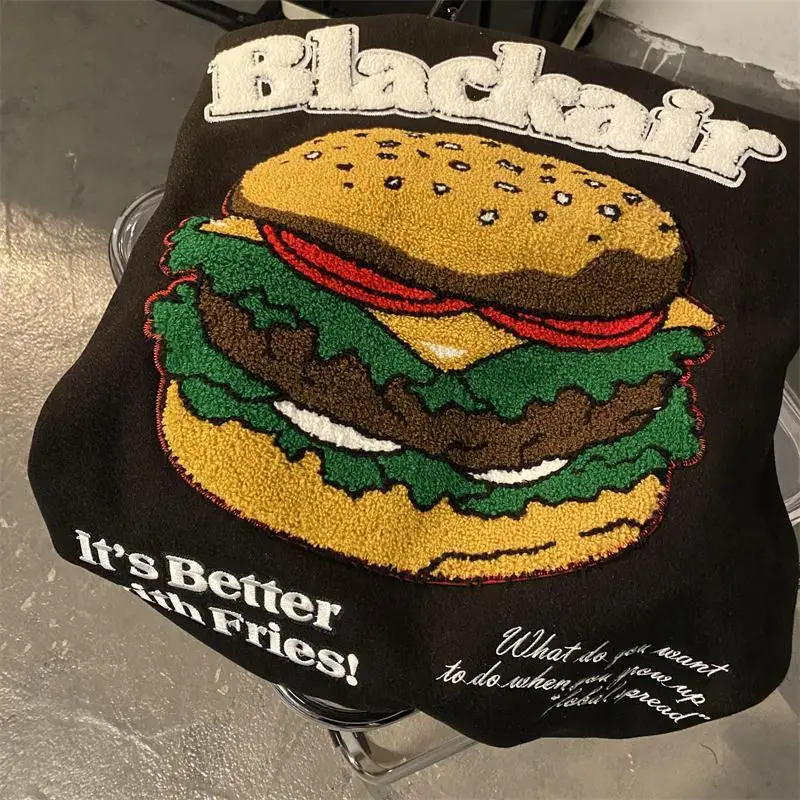American retro burger embroidery baseball uniform jacket men and women trendy brand high street loose wild couple chic top | Мужская