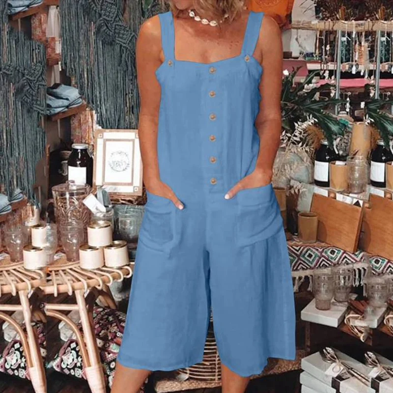 

Женский однотонный пляжный комбинезон на бретелях, винтажный комбинезон из хлопка и льна с большими карманами и шортами, повседневный женский комбинезон без рукавов на пуговицах