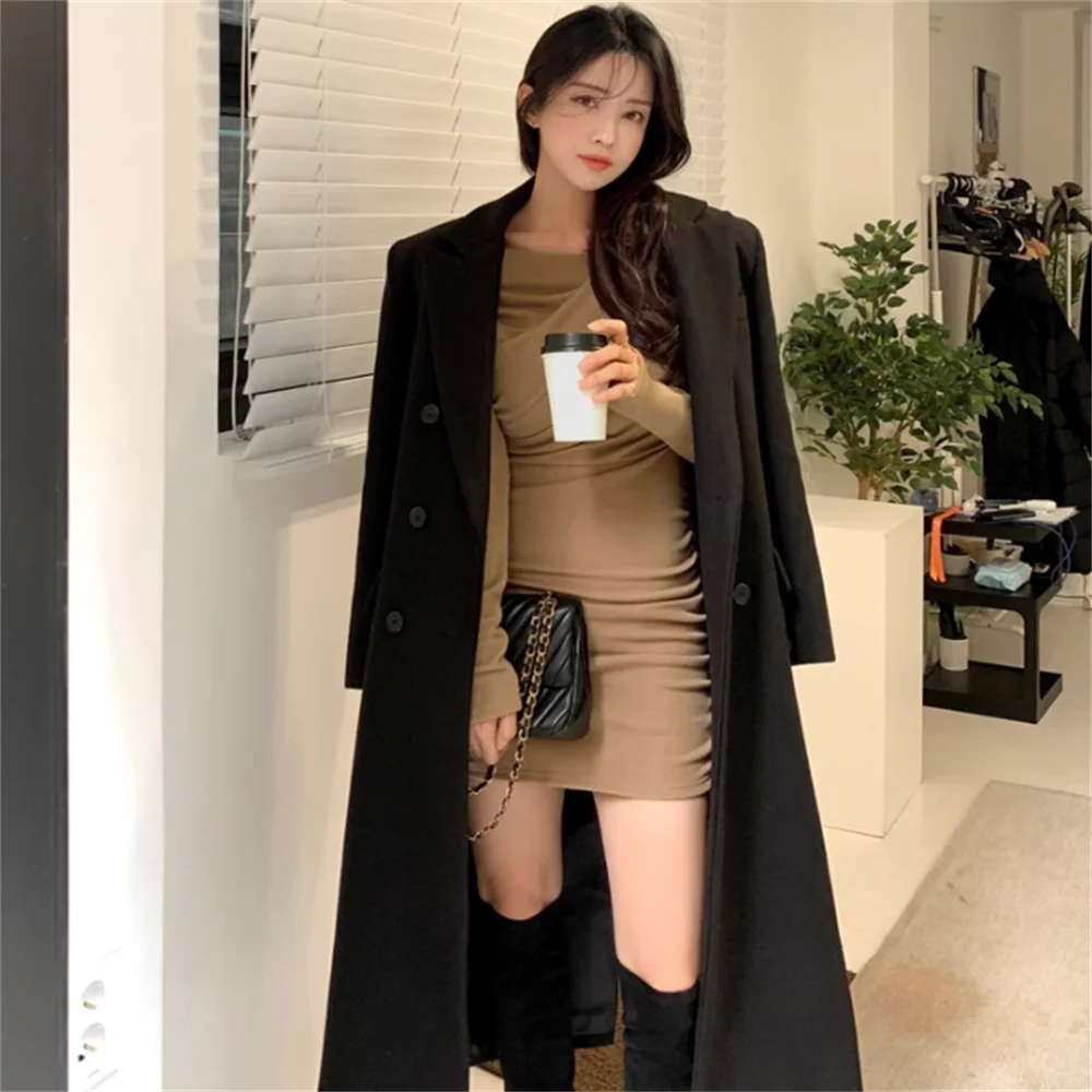 

Черное шерстяное пальто, утепленное для женщин, длинное твидовое пальто на осень и зиму