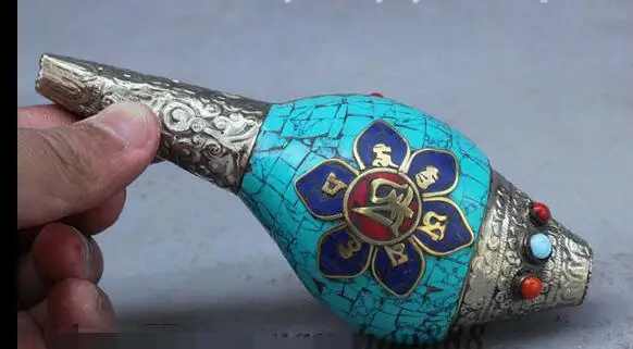 

Pure white Copper Grandpa Good Lucky Handwork Miao Silver Tibet Buddhism Inlay Turquoise Lucky Conch Shell Trumpet Horn Statue