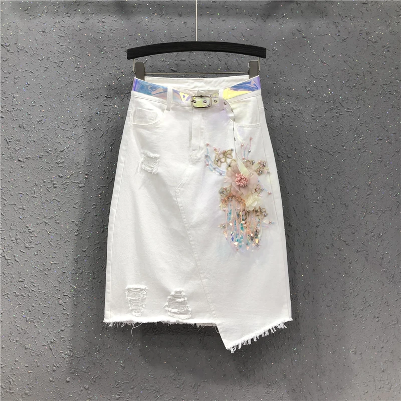 High Waist Irregular White Denim Skirt Women Spring Summer 2022 New European Beaded Flower Hole Bodycon Skirt
