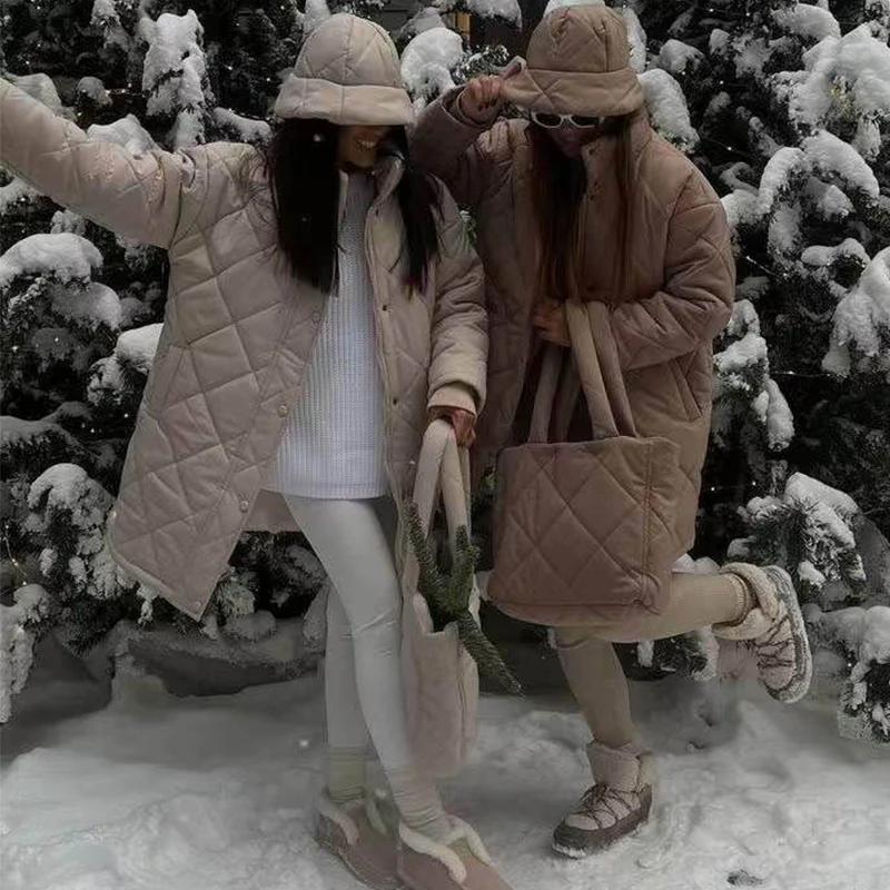 Ardm Casual High Collar With Rhombus Pattern Coat Long Sleeve Top Winter Jacket Women 2022 Parkas Straight Down Cotton Outwear
