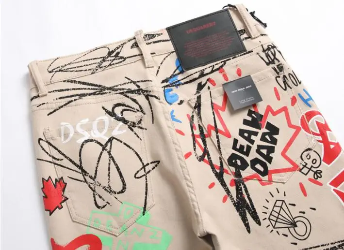 Classic new Dsquared2 new khaki printing and dyeing D2 jeans tight beggar European and American men's pants 1301