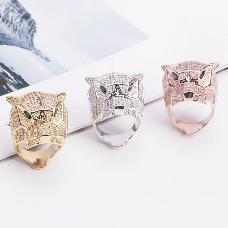 

Europe America Luxury Fashion Style Men Women Lady Inlaid Full Zircon Leopard Head Plated Gold Color Lovers Ring US6-US9