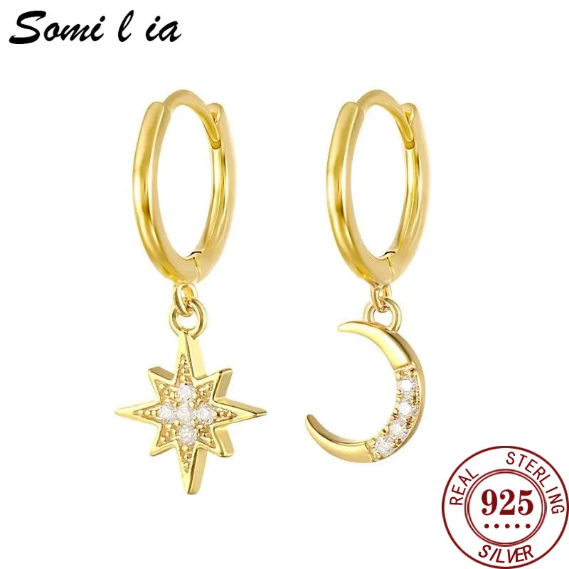

SOMILLIA Genuine 925 Sterling Silver Moon and Star Dangle Earrings with Charm, Plated In18K Gold New Trends Huggies Earrings