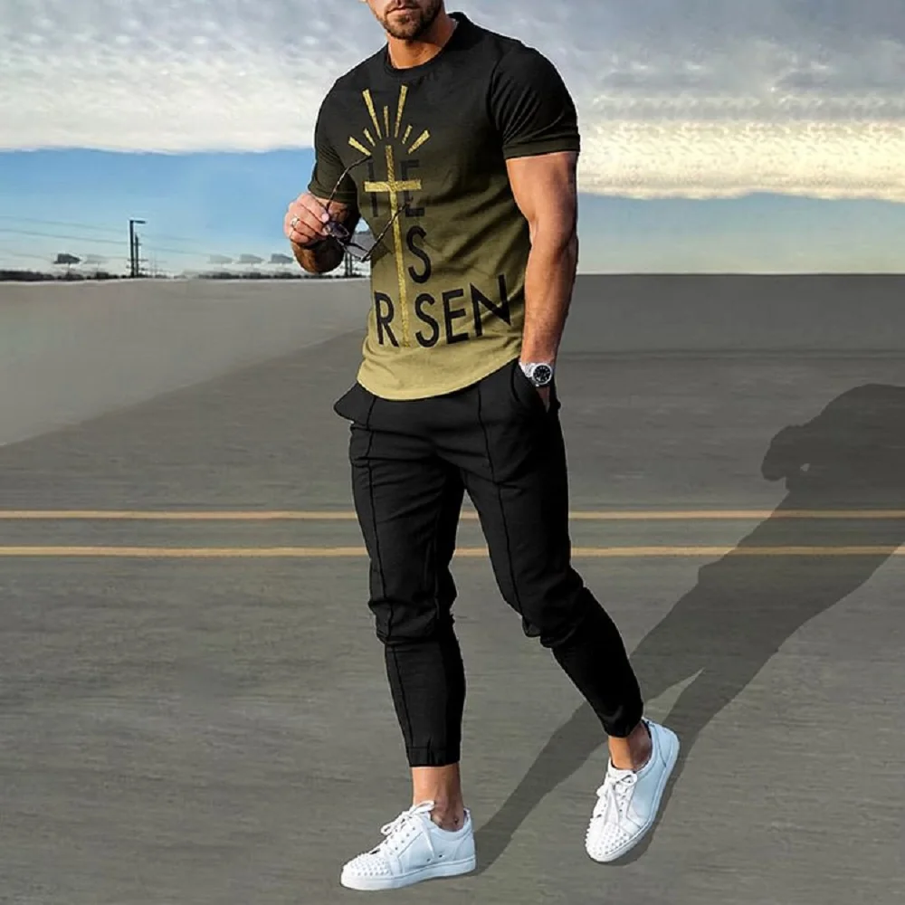 Summer Tracksuit Men Short Sleeve Letter K Casual Trousers Outfit 2 Piece T Shirt Long Pants Set Streetwear Blue Sport Suits