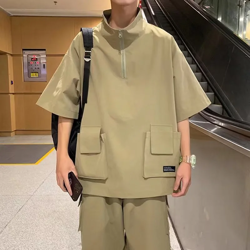 Cargo Pants Short Suit Male Summer Solid Color Loose Tshirts and Shorts 2 Piece Set Japanese Style Outdoor Casual Tracksuit Men