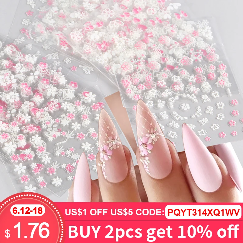 30Pcs Pink White Flowers Nail Sticker Set Sakura Cherry Cute Floral Decals Heart Moon Butterfly Sliders Nail Charms LA3D30set-01