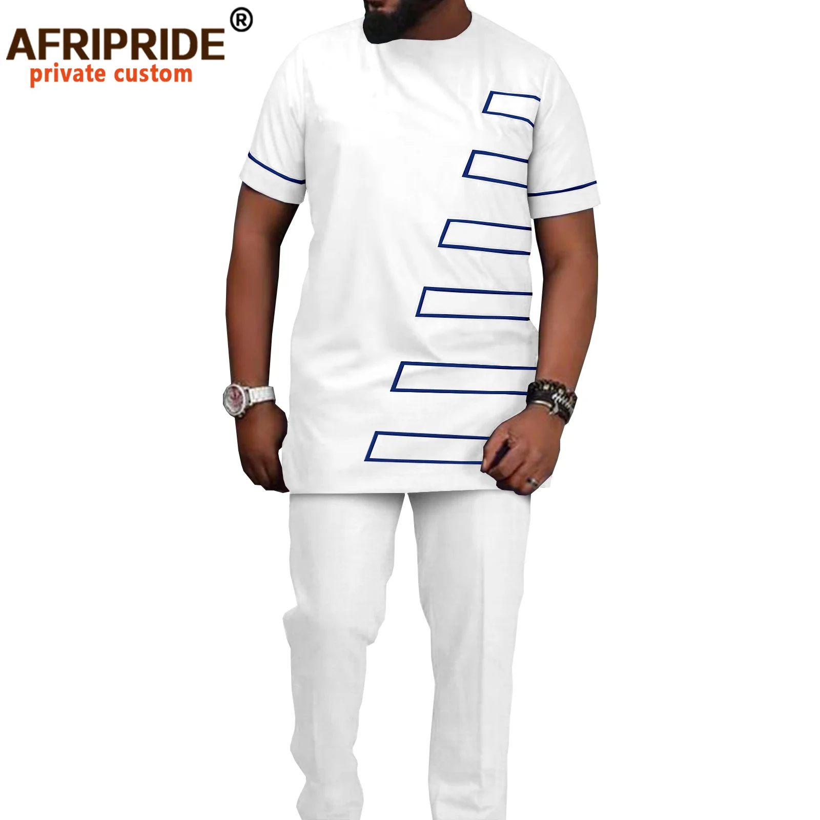 African Clothes for Men Dashiki Short Sleeve T Shirt Top and Pant 2 Piece Set Bazin Riche Traditional African Suit A2116016