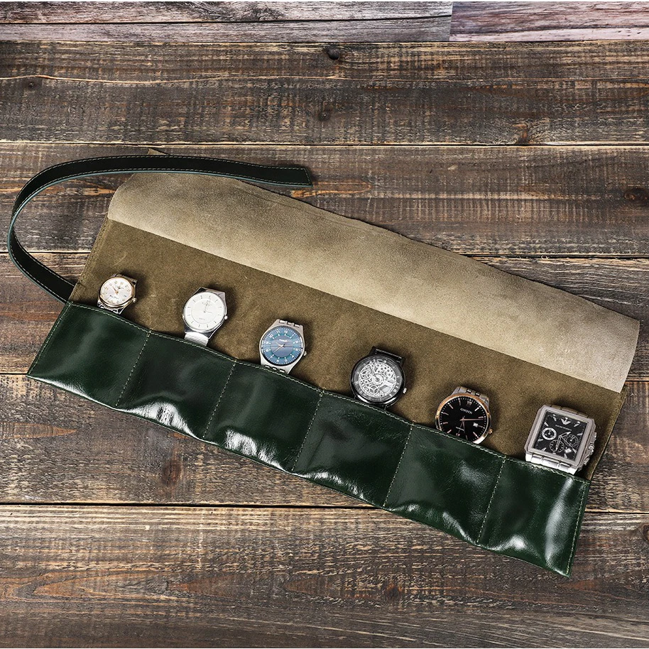 

6 Slot Oil Nubuck Cowhide Watch Box Watches Watch Roll Travel Case Chic Portable Vintage Watch Storage Box Watch Pouch Organizer