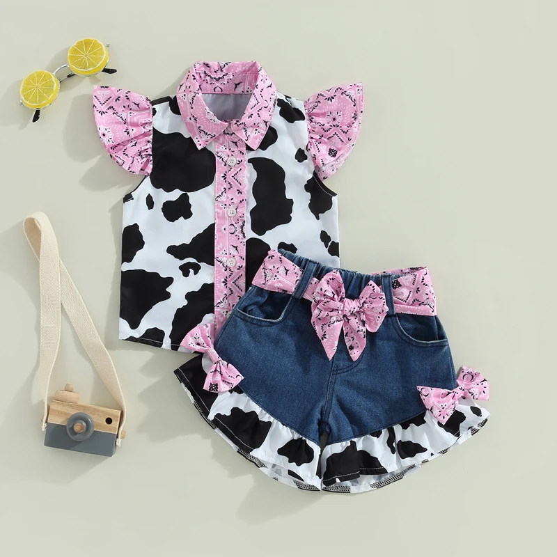

Kid Clothes Girls Outfit Summer Baby Girl Cow Print Turn-Down Collar Fly Sleeve Tops+Denim Shorts with Belt Sets