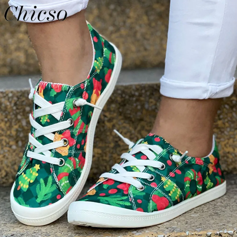 

Espadrilles Women 2022 Christmas Tree Pattern Large-Sized Flats Canvas Shoes Home Outdoor Walking Running Sport Sneakers