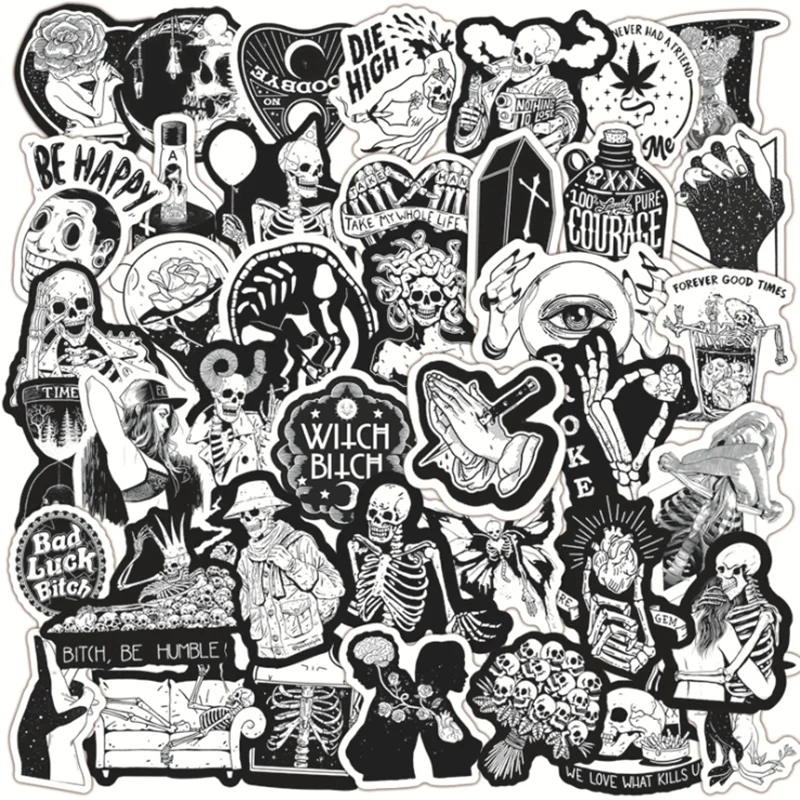 

50 PCS Personalized Black And White Skull Graffiti Sticker Motorcycle Waterproof Trolley Case Toy Wholesale