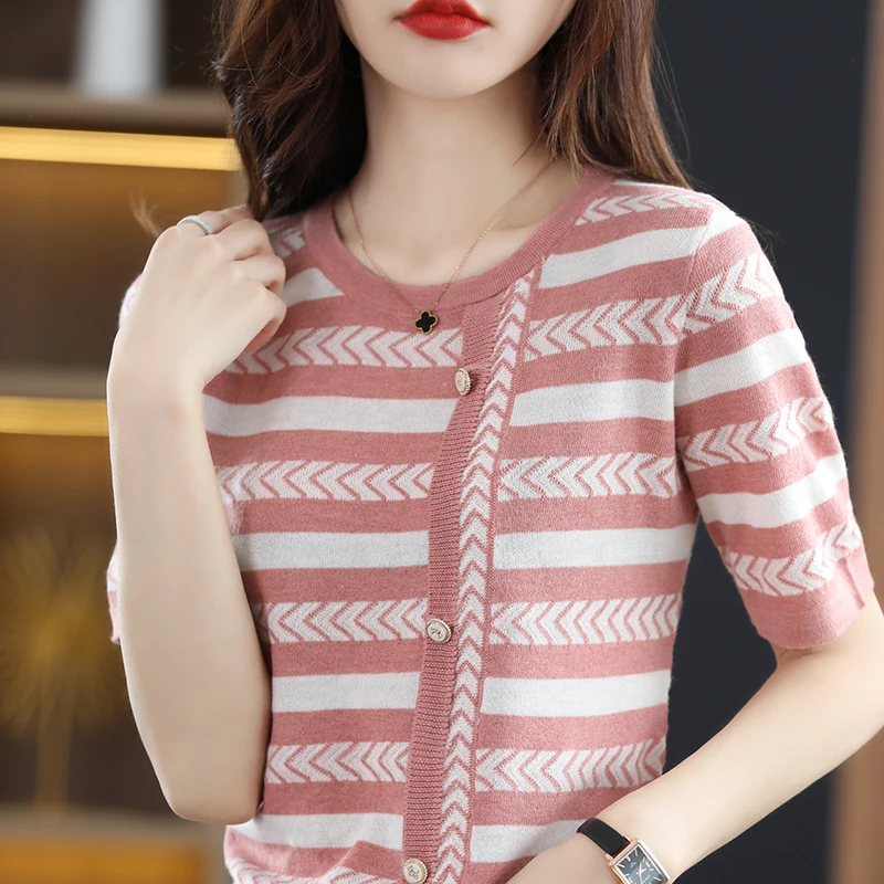 

Striped Knit Short Sleeve T-Shirt Ladies Cotton 2022 Summer New Round Neck Loose Fashion Cotton Linen Half Sleeve Top Selling