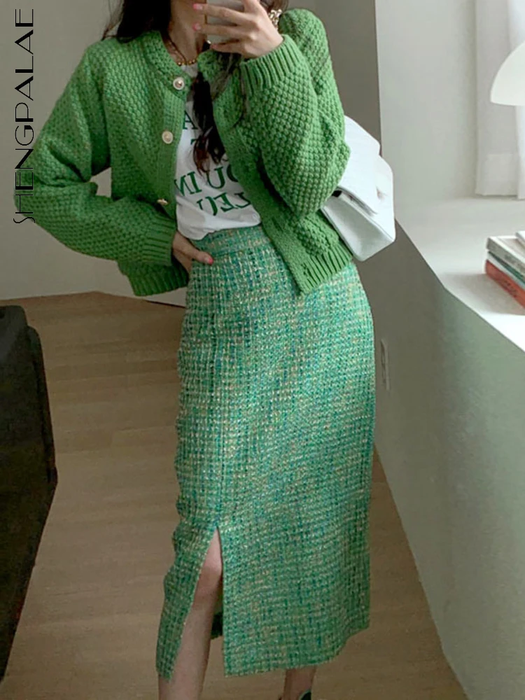 

SHENGPALAE корейское модное шикарное женское Новое однобортное вязаное пальто с круглым вырезом и высокой талией, шерстяная юбка для женщин